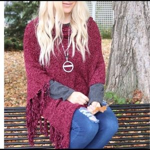 Chenille Fringe Poncho - Burgundy